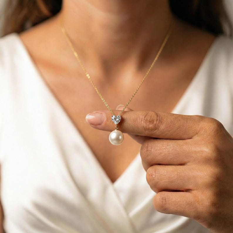Heart & Pearl Drop Necklace — view 3